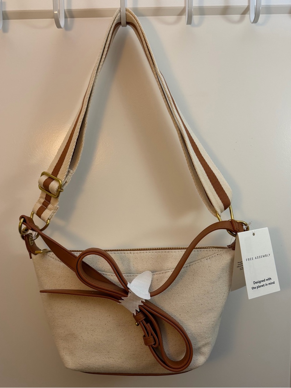 Free Assembly Cream Canvas Shoulder Bag with Brown Trim